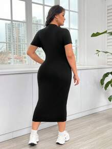 SHEIN EZwear 大尺碼純色拉鍊衣領修身連衣裙 - 黑色 - 查看 2