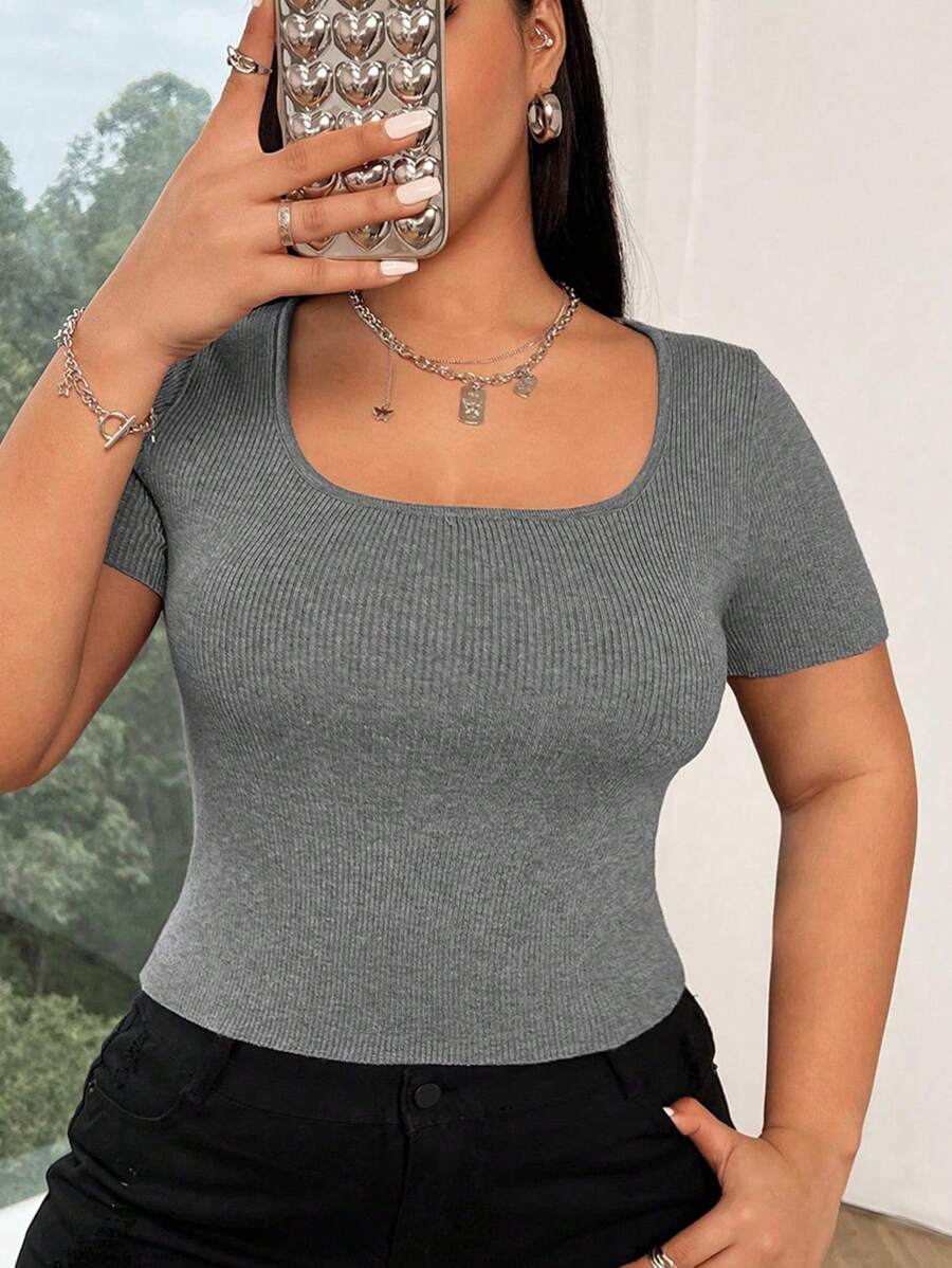 Flirla Plus Size Women's Short-Sleeved Knit Top In Ribbed Texture - Grey - View 1