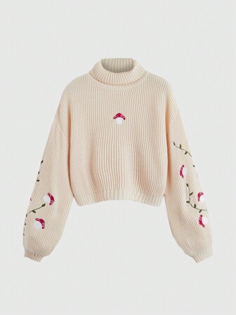 Fairycore Pullover mit Pilz Stickerei, hochgeschlossenem Ausschnitt