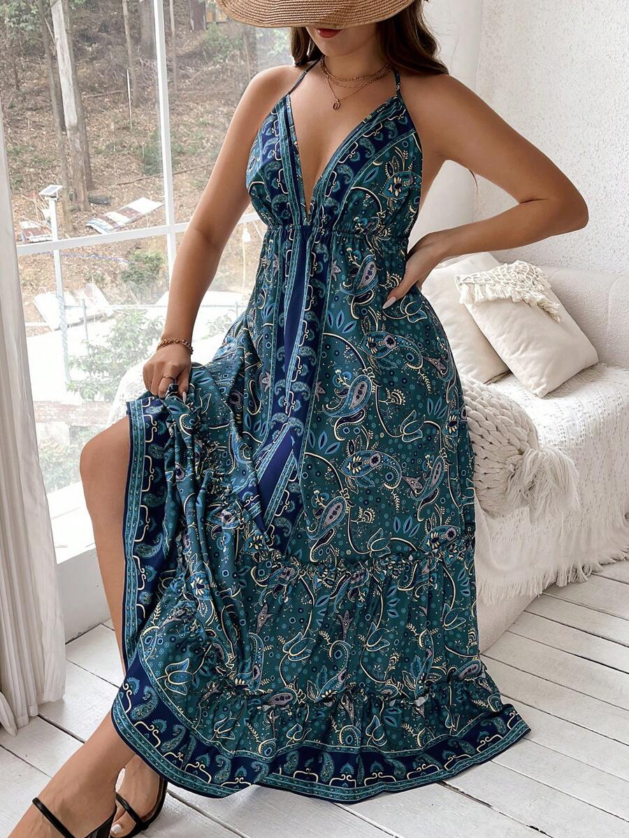 SHEIN Holidaya 印花v領寬鬆坦克裝連衣裙（大尺碼） - 彩色 - 查看 1