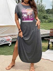 Breezaya 大码波西米亚风女式短袖连衣裙，带棕榈树和字母印花，适合夏季 - 灰色 - 查看 3