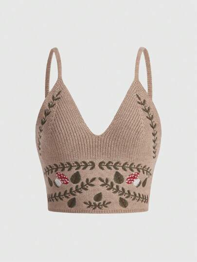 Fairycore Cami Strick Top mit Pilz Stickerei,