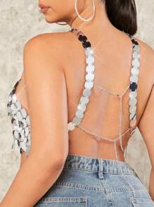 Plus Size Glamorous Sexy Chainmail Outfit Silver Shiny Camisole - Silver - View 2