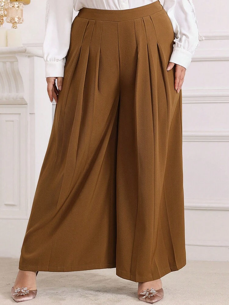 Plus Size Solid Color Pleated Wide Leg Pants