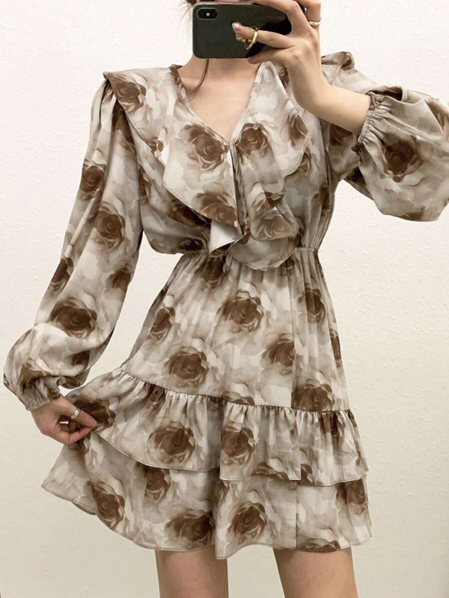 DAZY Vestido de mujer con mangas farol y estampado floral, cuello con volantes, vestidos casuales de mujer, vestido largo de manga larga para otoño