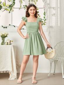 SHEIN Leap Crew Vestido de unicolor para adolescente con corte en la parte trasera y lazo desmontable, con escote cuadrado - Verde - Ver 5