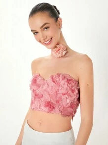 Enchnt Summer Women's Short Floral Cut Out Strapless Corset Top