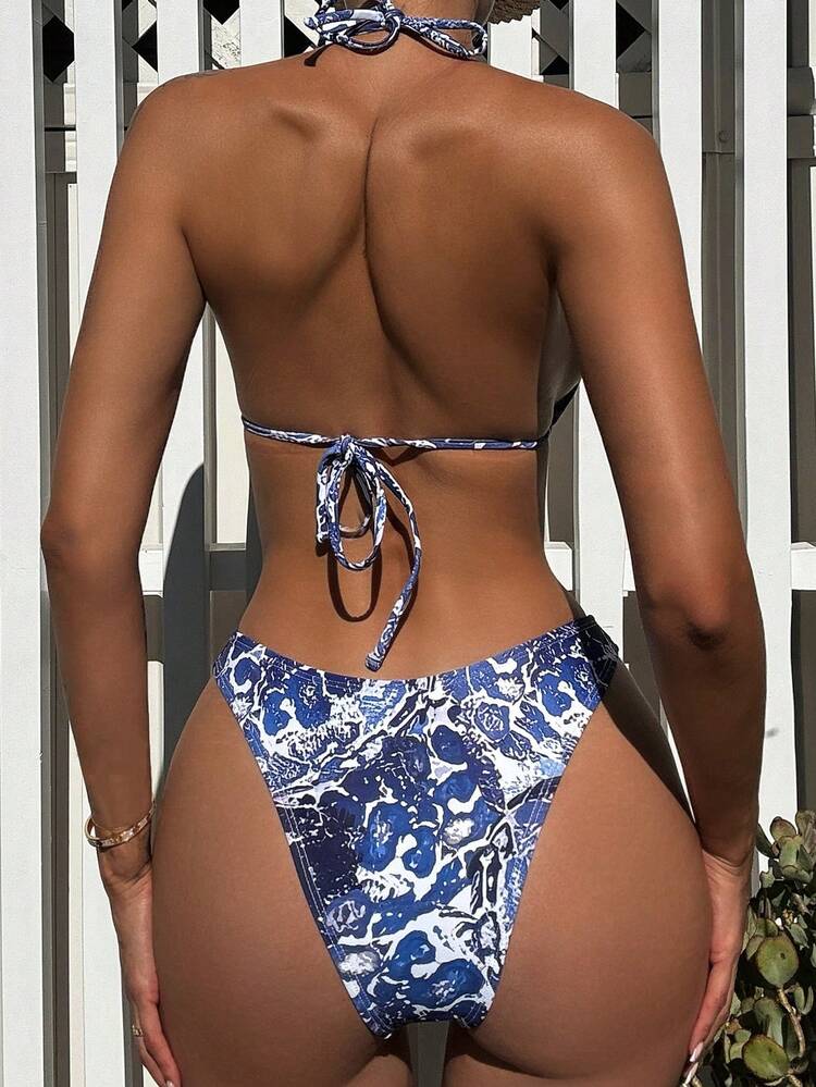 Full Print V Neck Halter Bikini Set Bikini Set Summer Beach