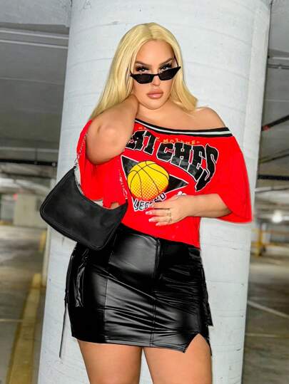 SHEIN SXY Plus Size Split Design Slim Fit Pu Workwear Skirt