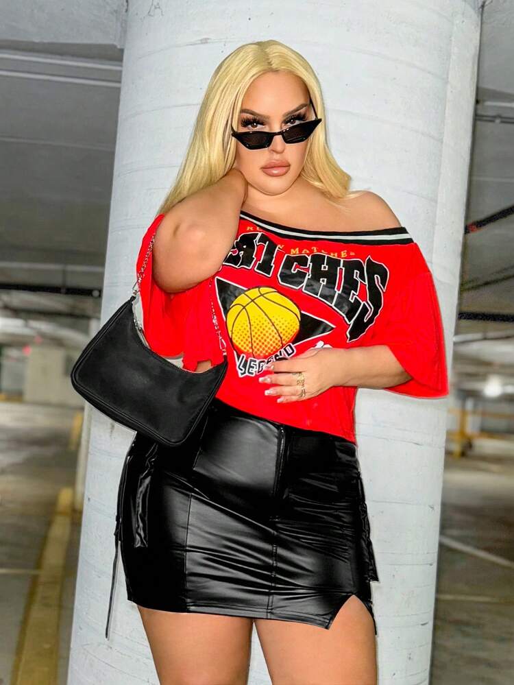 Plus Size Split Design Slim Fit Pu Workwear Skirt