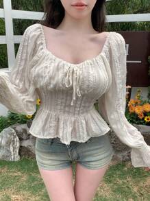DAZY Women's Off Shoulder Flare Sleeve Tie Waist Shirt,Ruffle,Babydoll Top,Fall Women Clothes Long Sleeve Top - Beige - View 3
