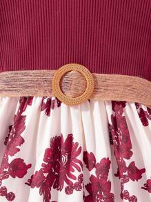 SHEIN Tween Girl Floral Print Ruffle Trim Belted Dress