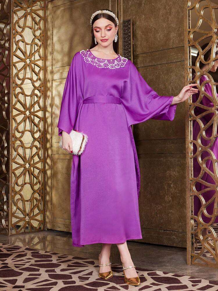 Women's Pearl Decorated Batwing Sleeve Kaftan Dress, Elegant Luxury Evening Party Style