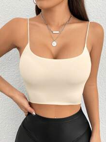 SHEIN PETITE Women's Solid Colored Cropped Cami Top With Spaghetti Straps - Apricot - View 8