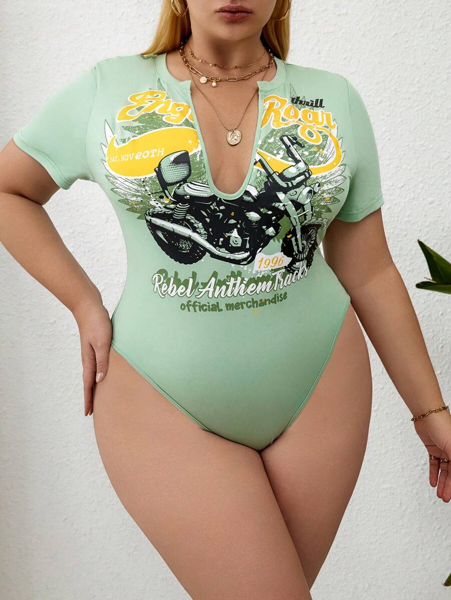 Flirla Plus Size Women's Summer Slogan Motorcycle Printed Short Sleeves Bodysuit