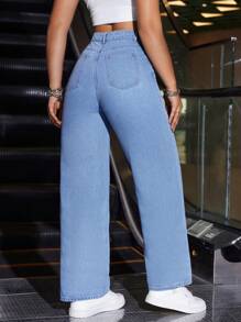 SHEIN PETITE Women's Casual High Waist Straight Leg Jeans, Versatile For Daily Commute - Light Wash - View 3