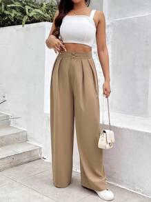 SHEIN Frenchy Women's Solid Color Pleated Trousers Summer Casual - Camel - View 4