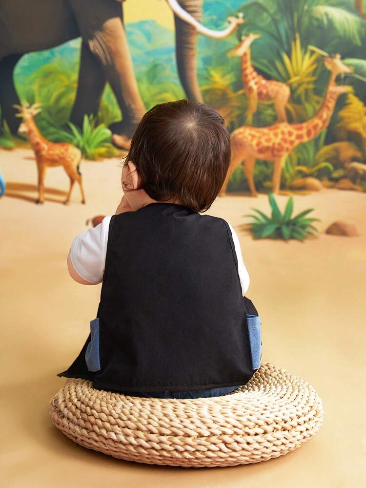 Baby Boy 3pcs/Set, Spring/Summer, Fashionable, Denim & Washed Fabric Patchwork Vest With Pocket, White T-Shirt And Light Washed Denim Shorts