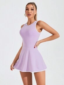 SHEIN Sovereign Charm Váy thể thao không tay cho nữ có cổ tròn và viền tương phản, váy thể thao quần vợt cho nữ - Màu tím - Xem 5