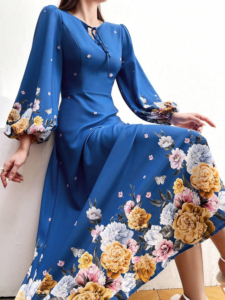 Women's Floral Printed Lantern Sleeve Dress With Defined Waist
