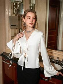 GENKIRA Women\ Shirt With Bow Tie And Textured Fabric - Apricot - View 1