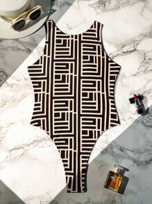 Swim SXY 女士几何印花露背连体泳衣，随机印花 - 彩色 - 查看 4