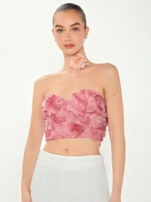 Enchnt Summer Women's Short Floral Cut Out Strapless Corset Top