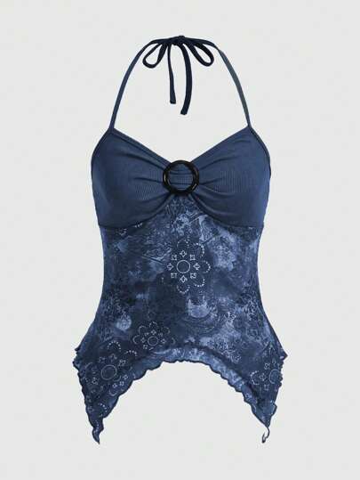 Fairycore Floral Print Ring Linked Halter Top