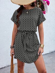 SHEIN Clasi Geometric Printed Round Neckline Elastic Waist Batwing Sleeve Short Sleeve Dress