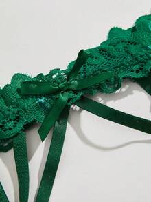 Set de lencería con encaje floral con aro con liga con 1 par Anillo de pierna - Verde Oscuro - Ver 4