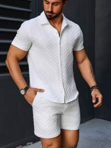 Manfinity Homme Conjunto De Camisa De Manga Corta Y Pantalon Corto De Color Sólido Para Hombre - Blanco - Ver 7