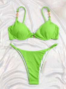SHEIN Swim 女士夏日海灘霓虹比基尼套裝，泳裝音樂節夏季必備 - 青檸色 - 查看 4