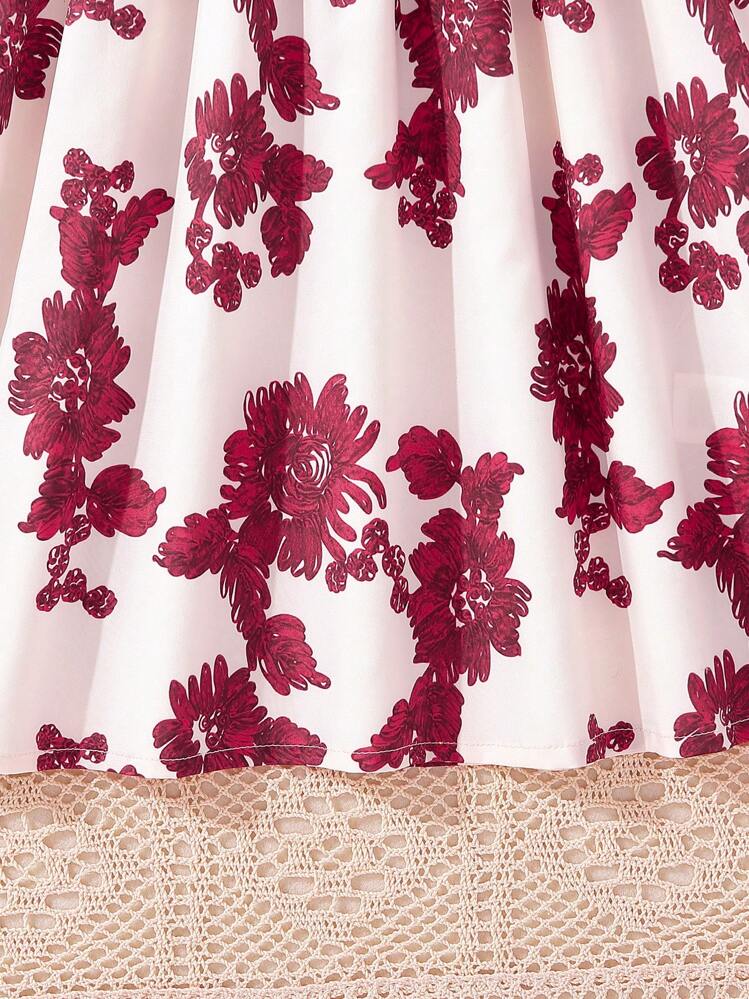 SHEIN Tween Flicka Blommigt Mönster Kant med Volanger Klänning med Bälte - Rött och Vitt - Visa 5