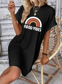 INAWLY Rainbow & Letter Print Short Sleeve Dress - Black - View 6