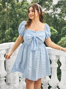 Dreamara 大尺碼女性藍色蝴蝶結裝飾a字裙 - 藍色 - 查看 5