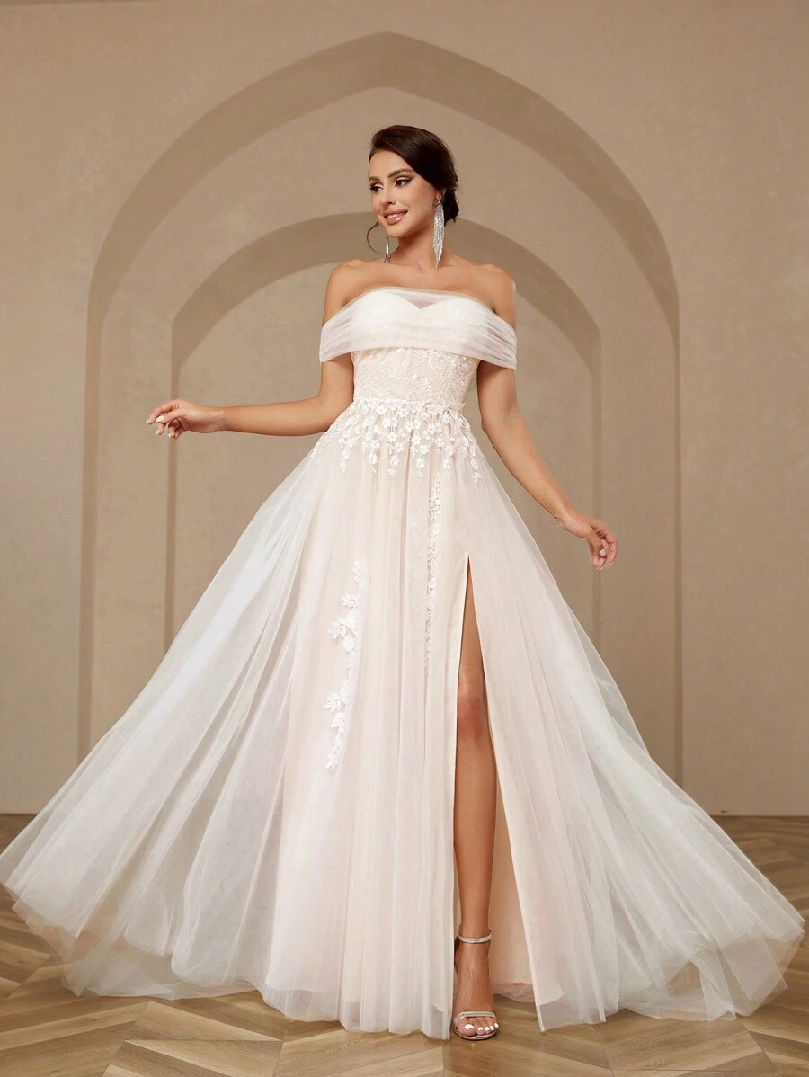 SHEIN Belle Elegant And Gorgeous White Color Block Women's Off-Shoulder Off-Shoulder Lace Mesh Splicing A-Line High Slit Dress Suitable For Wedding Floor-Length Wedding Dress
