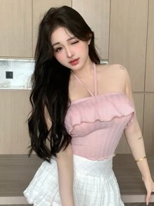 Dazy Designer Của phụ nữ Halterneck Kết cấu Thiết kế Wrapped Màu hồng Áo ba lỗ - Hồng - Xem 2
