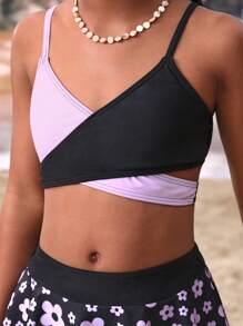 Tween Girls' Color-Block Cross Back Bikini Set With Separated Swimwear Briefs And Rash Guard, 3pcs