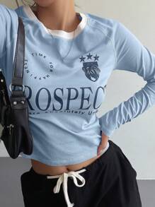 DAZY Women's Slogan Printed Round Neck Long Raglan Sleeve T-Shirt Jersey,Fall Clothes Long Sleeve Women Tops - Blue - View 1