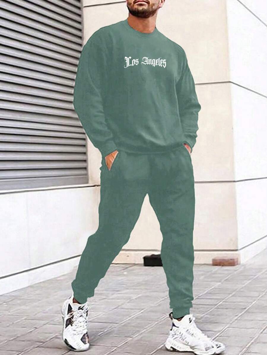 SHEIN Cottnline 男款字母圖形連帽衫和運動長褲 - 綠色 - 查看 1