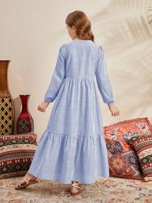 SHEIN 少女寬鬆針織休閒條紋長袖連身裙,配帶凹口領