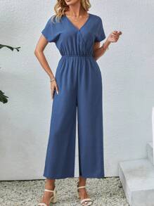 EMERY ROSE 實色交叉v領斜口袋連體褲 - 藍色 - 查看 5