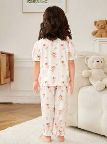 SHEIN 年轻女孩可爱蝴蝶仙子印花圆领蝴蝶 3D 图形泡泡袖松紧袖口裤针织两件套家居服套装 - 淺粉色 - 查看 3