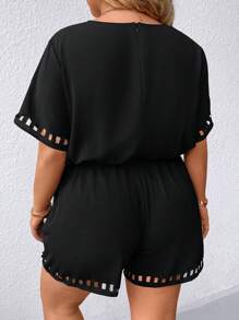 SHEIN LUNE Plus Size Round Neck Solid Color Hollow Out Cinching Waist Jumpsuit - Black - View 2