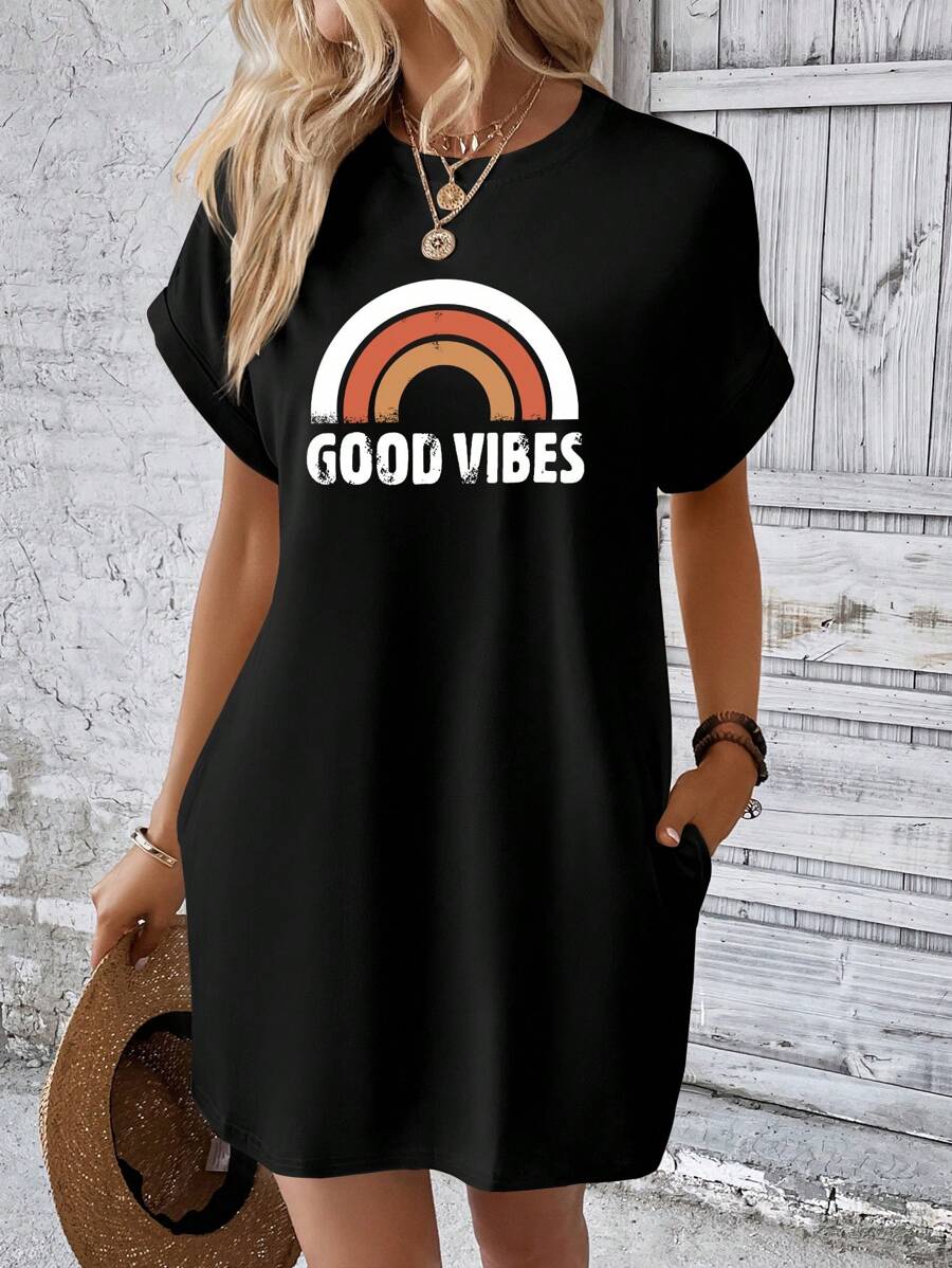 INAWLY Rainbow & Letter Print Short Sleeve Dress - Black - View 1