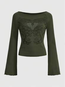 ROMWE Fairycore Tim & In Cánh Áo thun - xanh quân đội - Xem 1