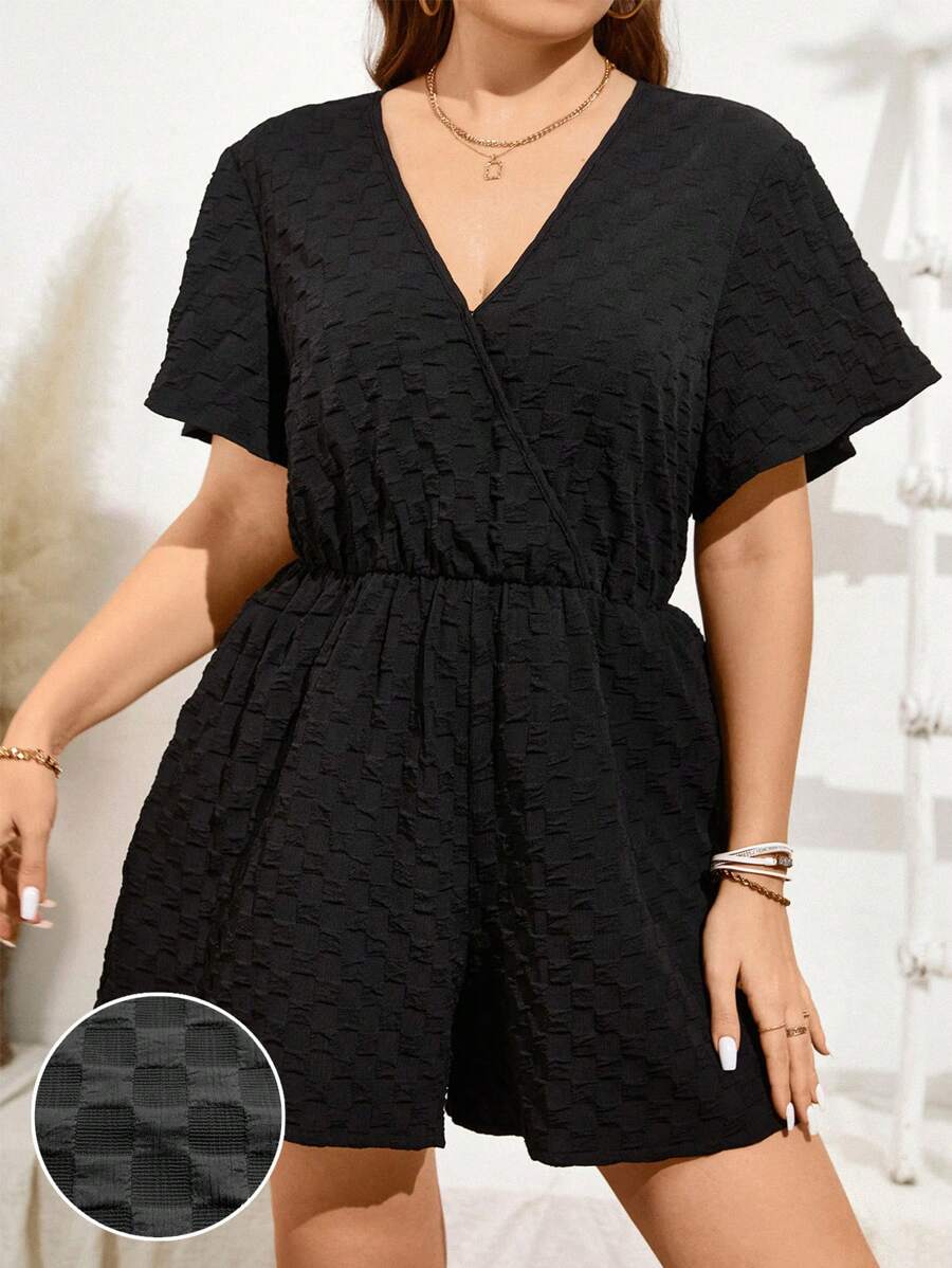 SHEIN LUNE Plus Size Black Bubble Check Texture Fabric Romper For Spring/Summer - Black - View 1