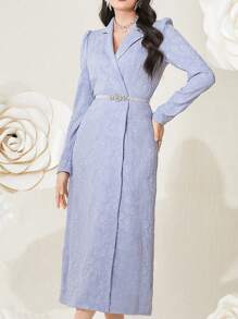 Modelyn Vestido de noche largo con manga abullonada de mujer en tejido jacquard - Azul - Ver 1