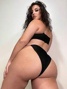 SHEIN Swim Curve Summer Beach Plus Size Women's Thong Bikini Set - Black - View 2