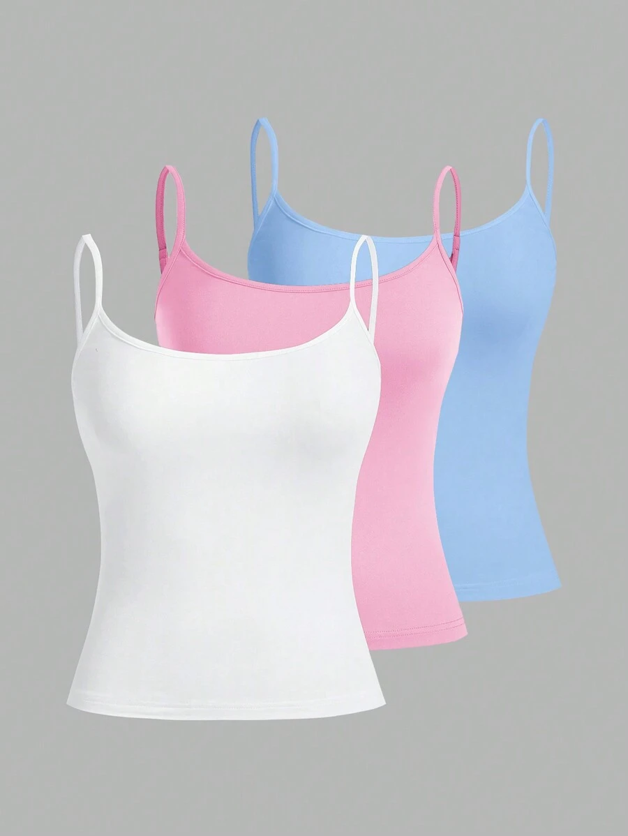 SHEIN EZwear 3件套休闲百搭性感女式吊带背心,夏季修身背心 - 彩色 - 查看 1